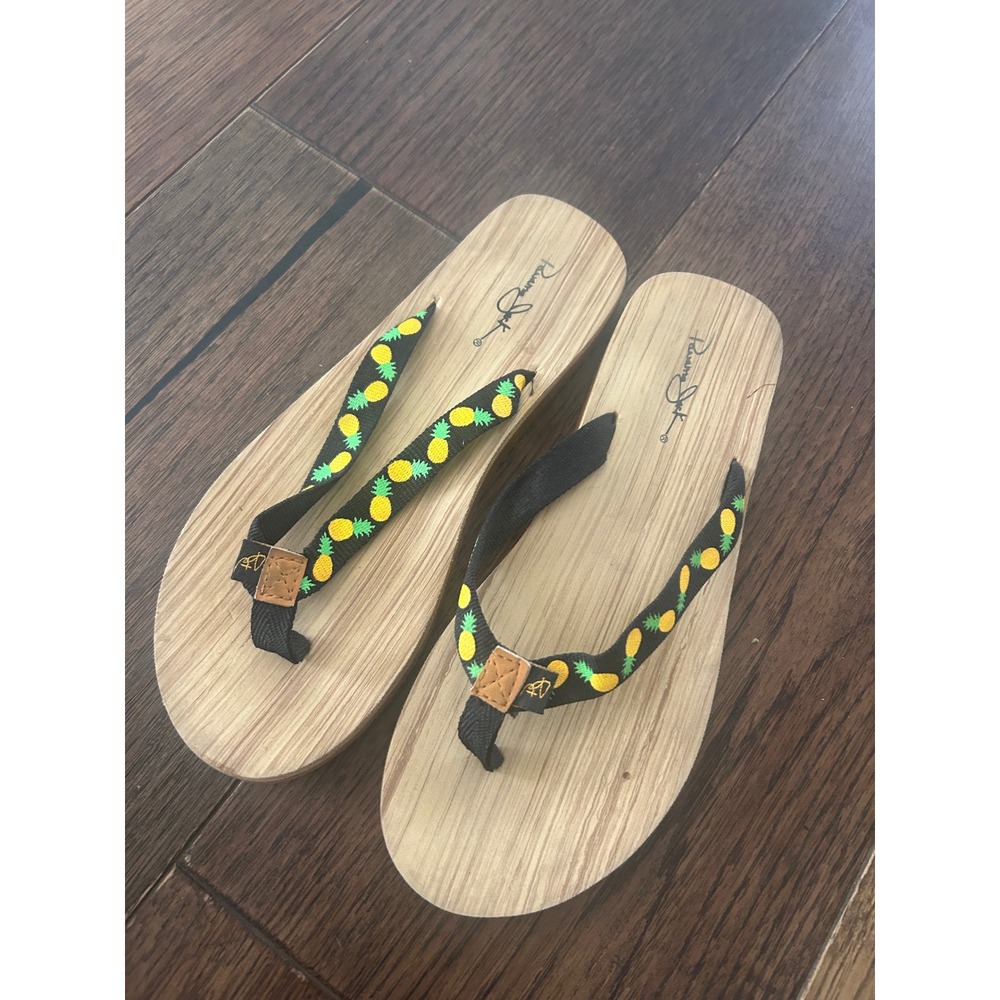 Panama Jack Womens Pineapple Print Flip Flop Sandals Wood Grain Footbed Black 7
